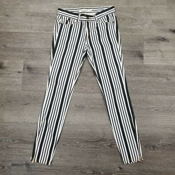 Pistola Size 26‎ Black White Beetlejuice Striped Denim Skinny Crop Jeans NWOT - Picture 1 of 16